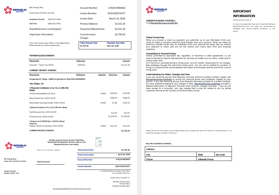 USA Rpublic Services energy utility bil Word and PDF formats, 2 pages